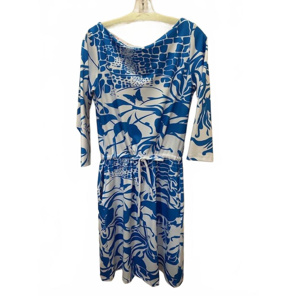 NEW MICHELLE PARISOU women's blouson dress with pockets in royal/white